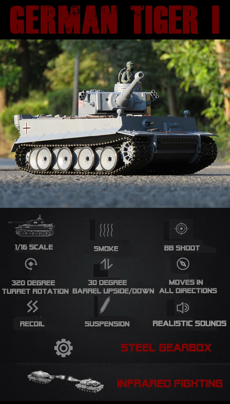 1/16 2.4G RC Henglong Smoke&Sound German Tiger I Tank V6.0 Steel Gearbox Version 